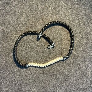 Black braided leather and freshwater pearl necklace